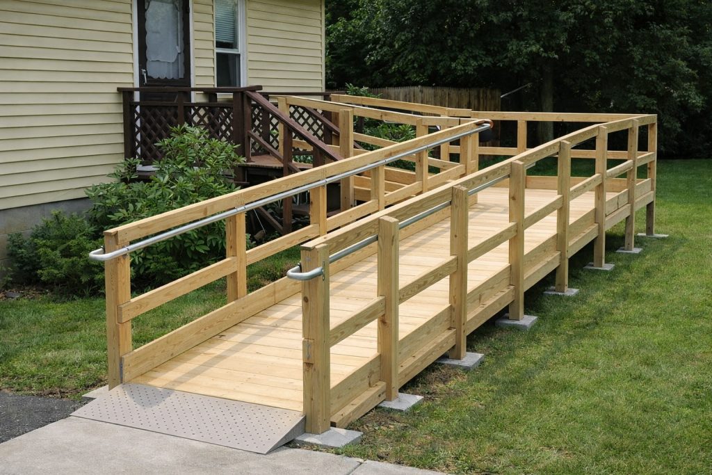Pressure-treated wood wheelchair ramp installed at residential home in Covington Louisiana