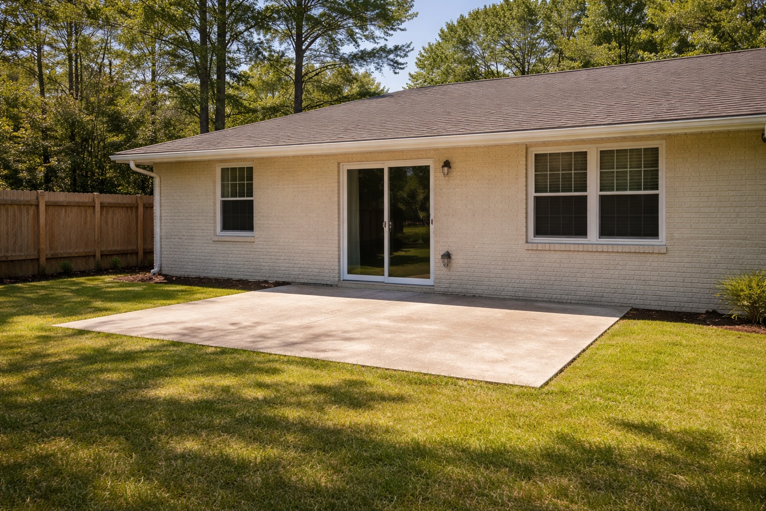 Backyard concrete patio before patio cover installation at a home in Covington, Louisiana exposed to sun and weather.