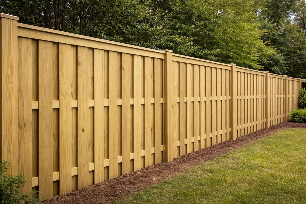 board-on-board pressure-treated pine privacy fence installation in Covington Louisiana backyard