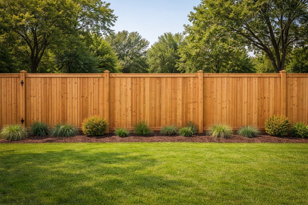 Straight-on view of cedar privacy fence installation in Covington LA with vertical pickets and clean top line.