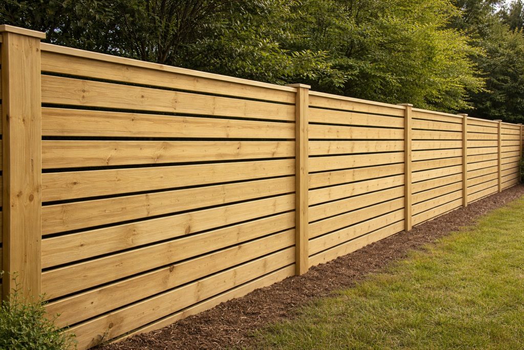 modern horizontal pine privacy fence installed in Covington Louisiana residential backyard