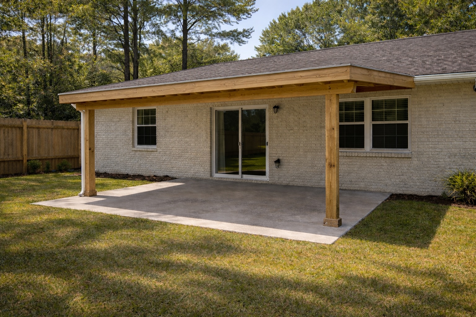 Wood lean-to patio cover installed in Covington, Louisiana attached to fascia for proper roof pitch and drainage.