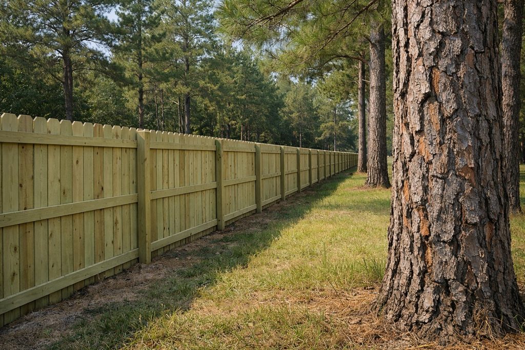 6-foot pressure-treated pine privacy fence installation on acreage property in Covington Louisiana with mature pine trees