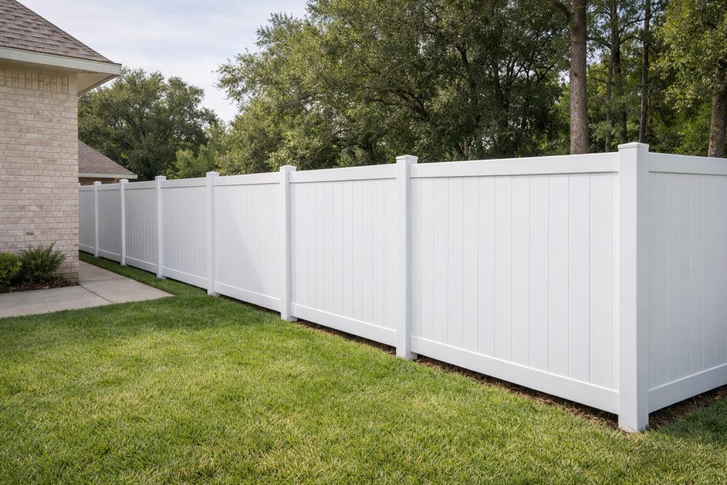 6 foot white vinyl privacy fence installation in Covington Louisiana backyard