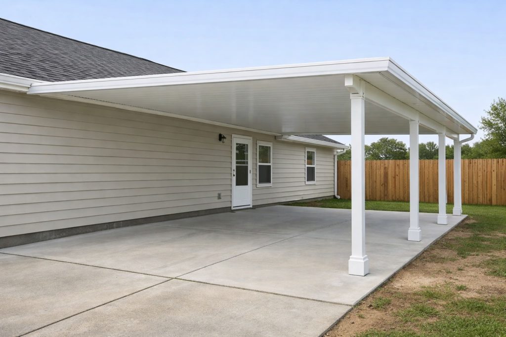 White aluminum patio cover installation in Covington, Louisiana featuring square support columns and extended concrete slab for covered outdoor living space.