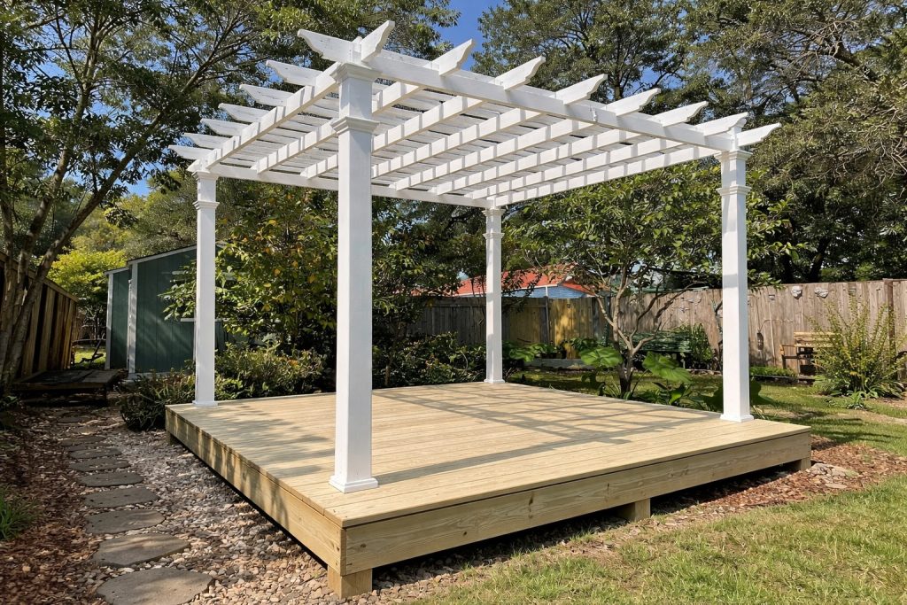 White vinyl pergola installed over a raised wood deck in Covington, Louisiana, featuring square columns, decorative beam ends, and open slat roof design.