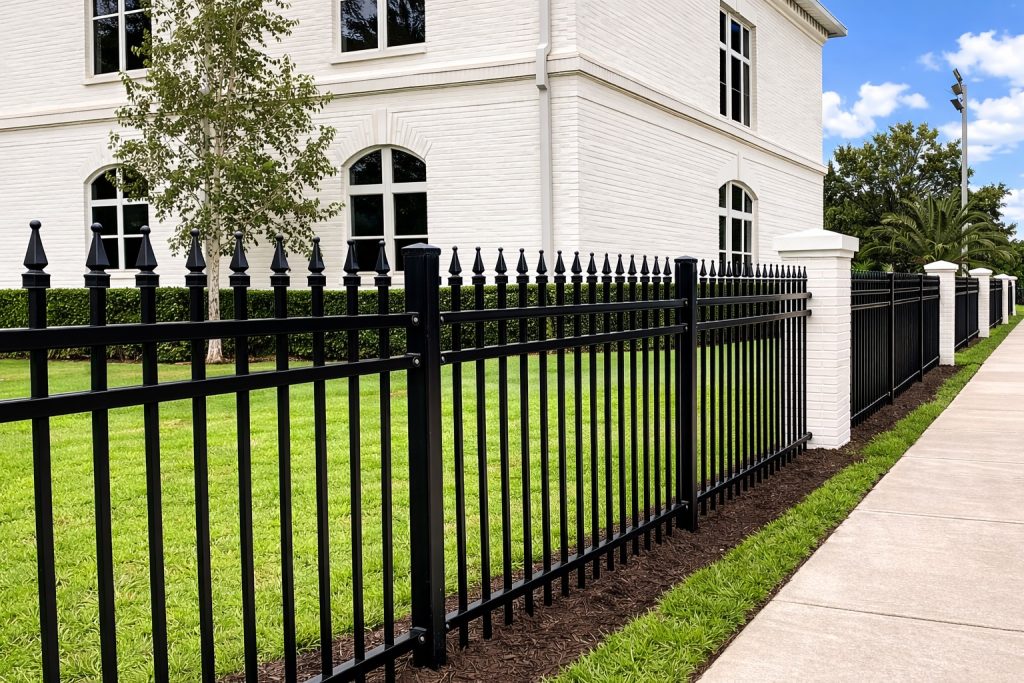 New black aluminum fence installation with spear-top pickets and white brick columns at a property in Madisonville Louisiana