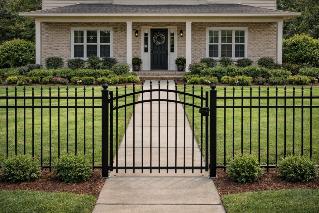 Black aluminum fence with arched walk gate installed at a residential home in Covington, Louisiana, featuring decorative spear pickets and secure latch hardware.