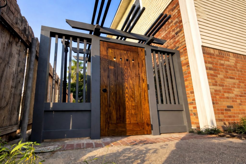 Custom cedar gate with painted privacy fence and modern pergola structure installed at a residential home in Abita Springs, Louisiana.