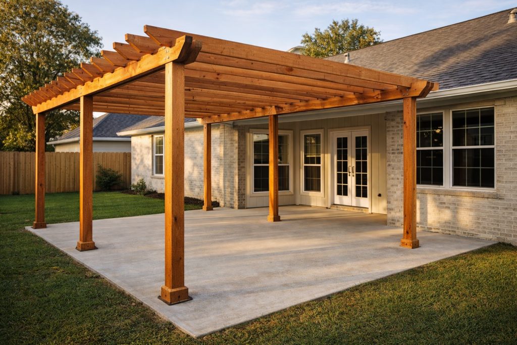 Custom freestanding cedar pergola installed over backyard concrete patio in Covington, LA with 6x6 posts and natural wood finish.