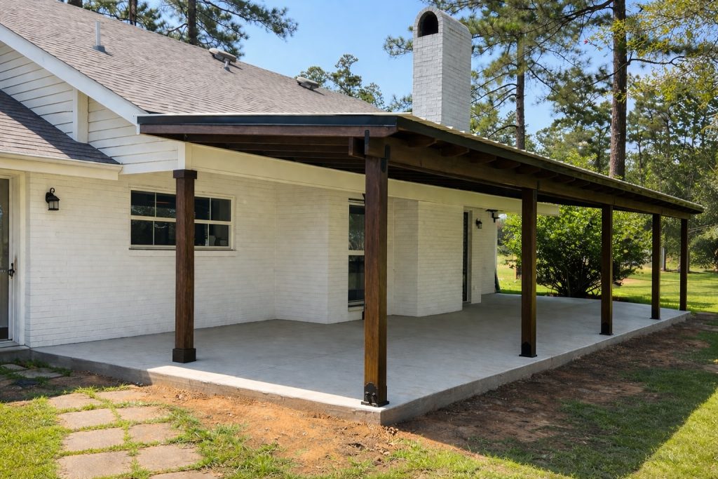 custom wood lean-to patio cover with corrugated metal roof installed on concrete slab in Covington Louisiana backyard