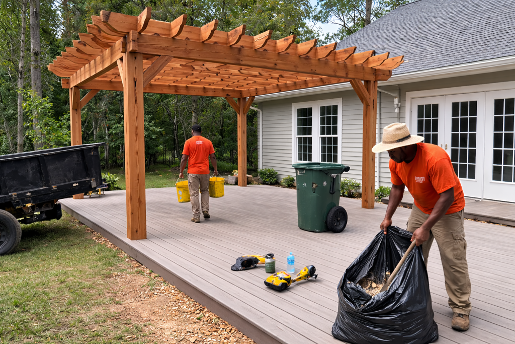 Contractors cleaning jobsite after cedar pergola installation on composite deck in Abita Springs Louisiana