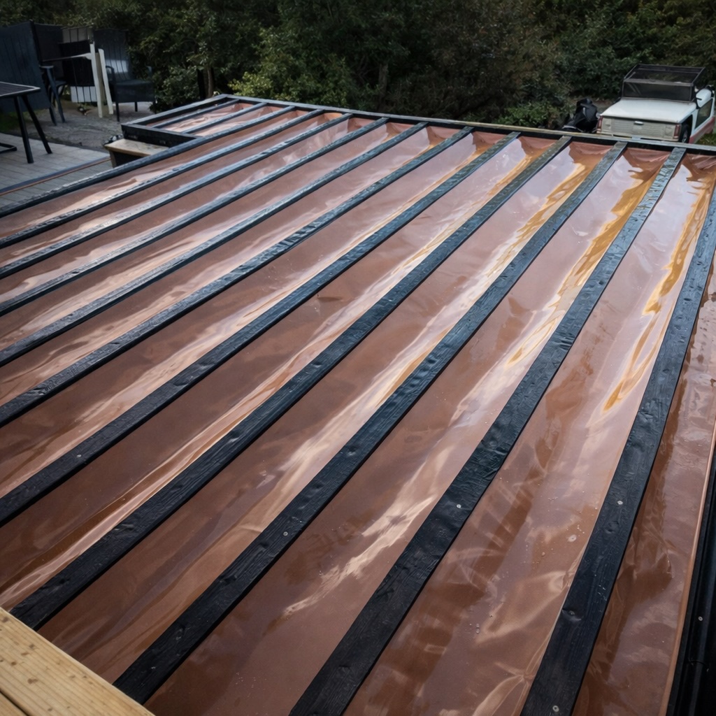 Under deck drainage system with waterproof membrane installed between joists to channel water into drainage system