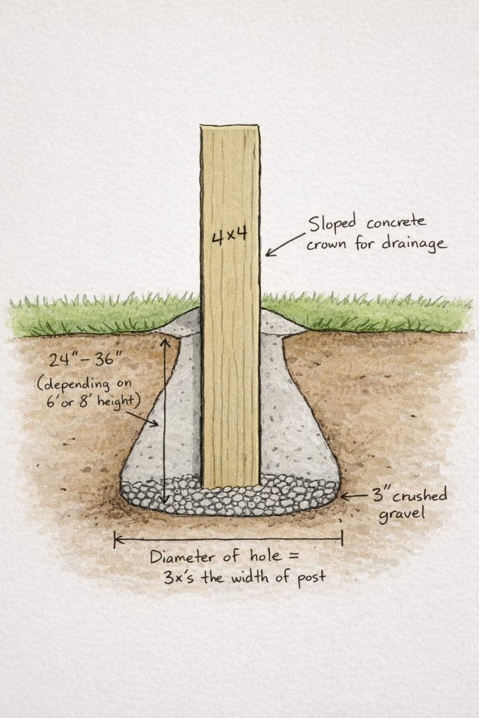 Hand-drawn sketch of a 4x4 fence post set in a bell-shaped hole with concrete around the post and a 3-inch gravel base underneath, showing sloped concrete for drainage and labeled dimensions.