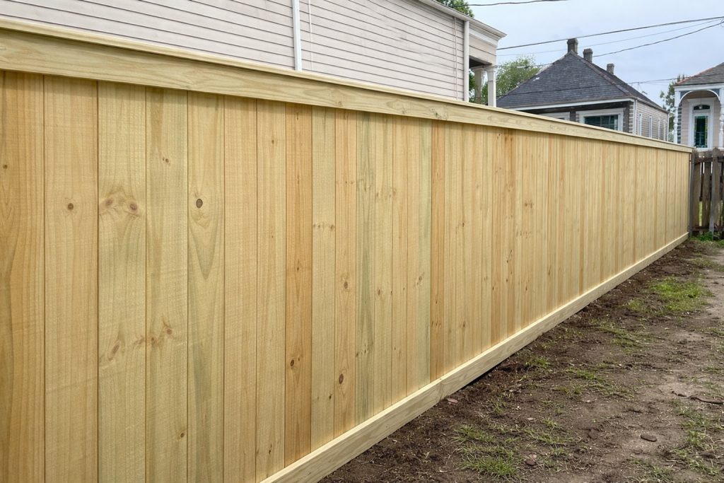 Finished side of pressure treated pine privacy fence installation in Covington Louisiana with clean capped top design