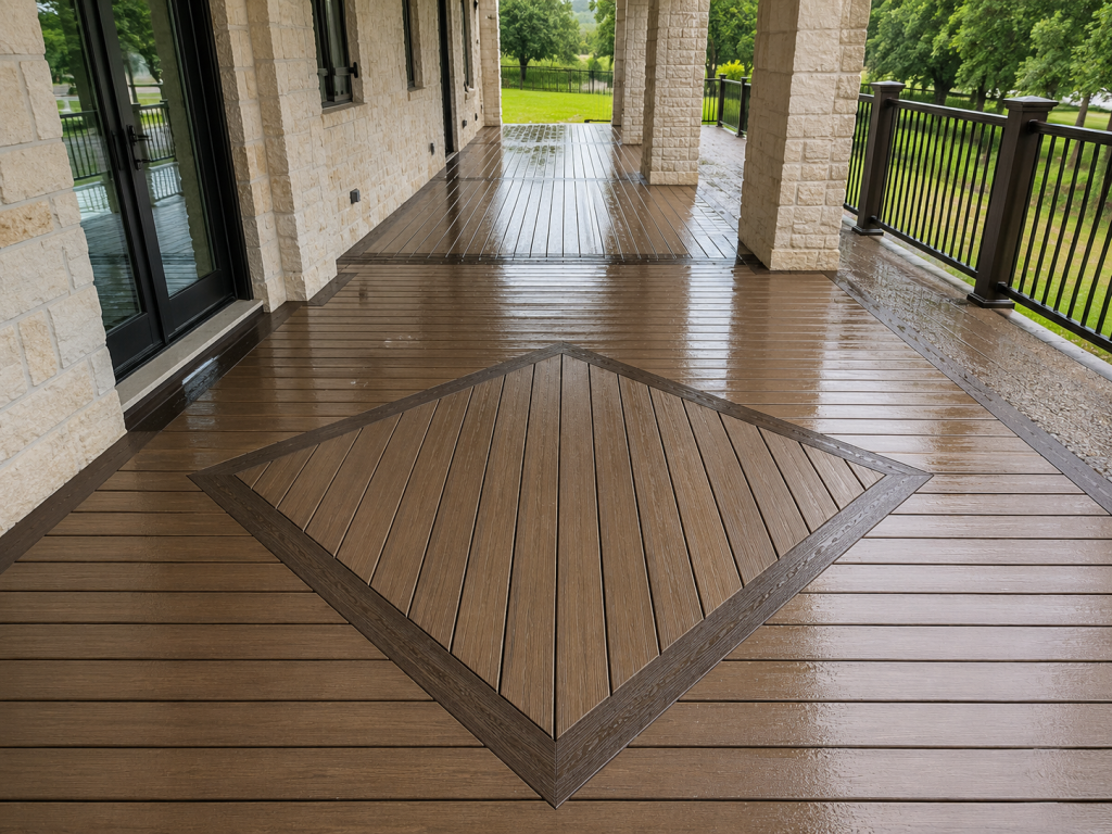 Covered composite deck with custom diamond inlay pattern and dark picture-frame borders after rainfall