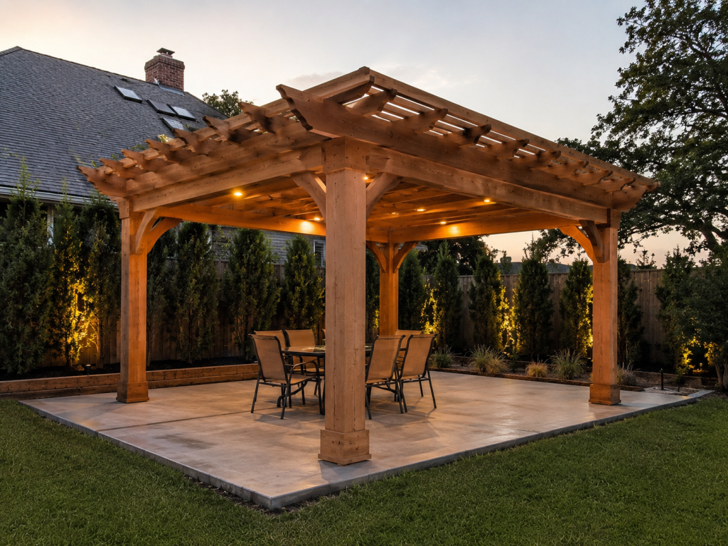 Custom cedar pergola with 8x8 posts and decorative rafter tails on a new concrete patio in Covington Louisiana
