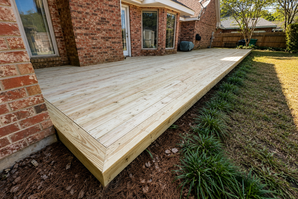 Large ground-level pressure-treated wood deck installed behind a brick home with picture-frame border detail in Covington, Louisiana.