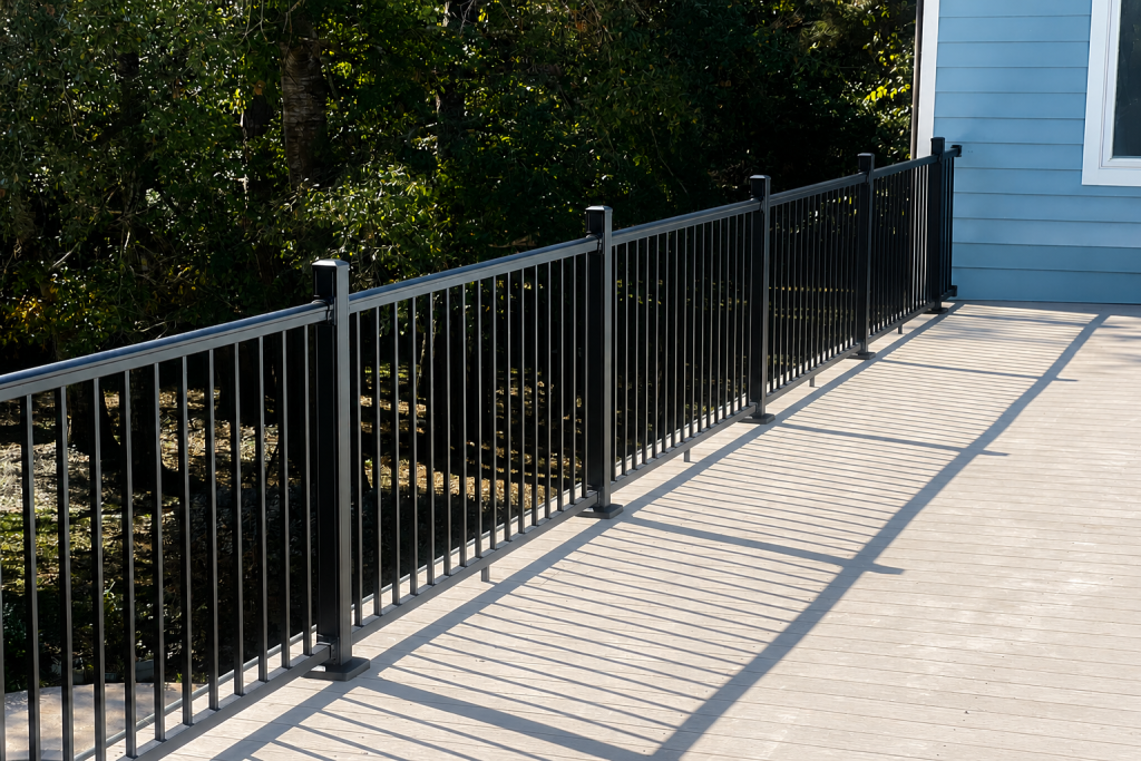 Black aluminum deck railing installed on a light gray composite deck overlooking a wooded backyard in Covington, Louisiana.