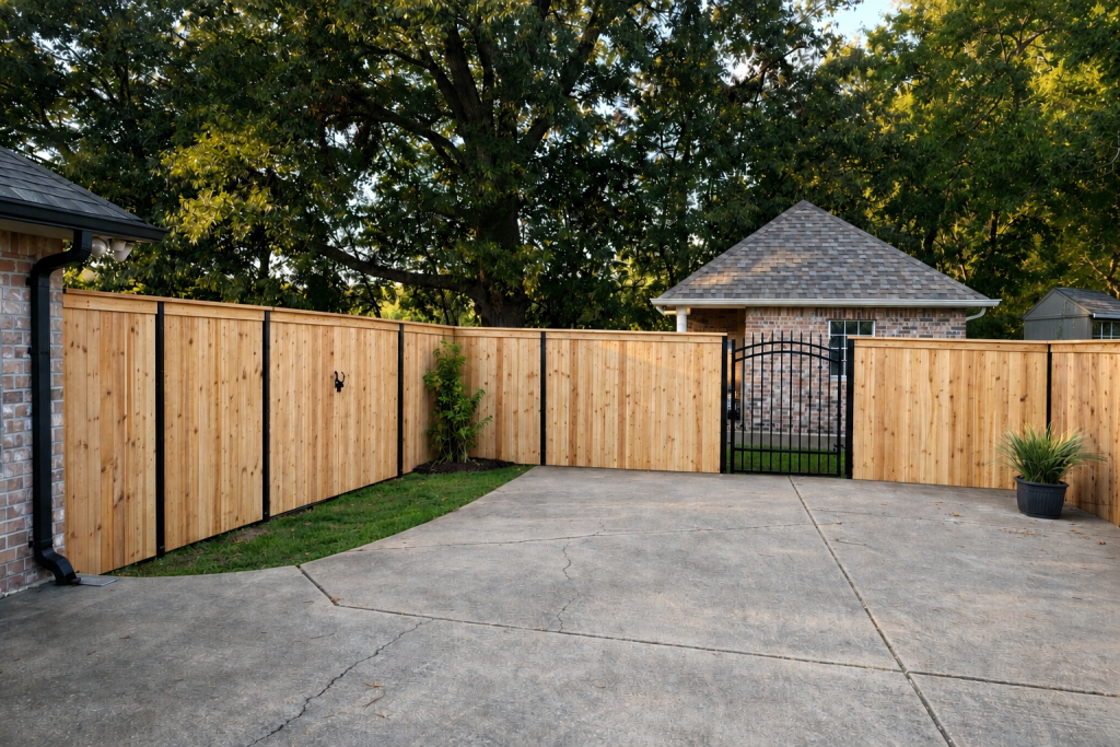 Premium cedar privacy fence with black steel posts and decorative metal driveway gate installed in a residential backyard in Covington, Louisiana