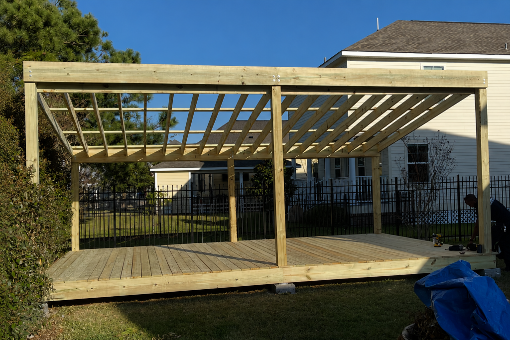 Newly completed pressure-treated wood covered deck with exposed shed roof framing, black aluminum fence, and hedge backdrop in Covington Louisiana.
