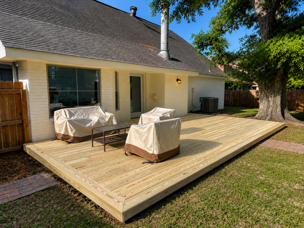 New pressure-treated pine backyard deck with picture-frame border installed behind a white brick home in South Louisiana.
