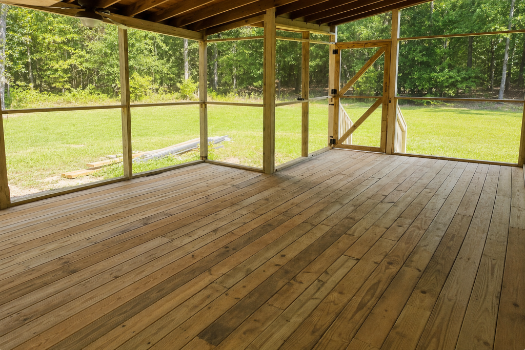 Screened-in pressure-treated wood deck with vaulted ceiling and ceiling fan overlooking backyard in Covington Louisiana