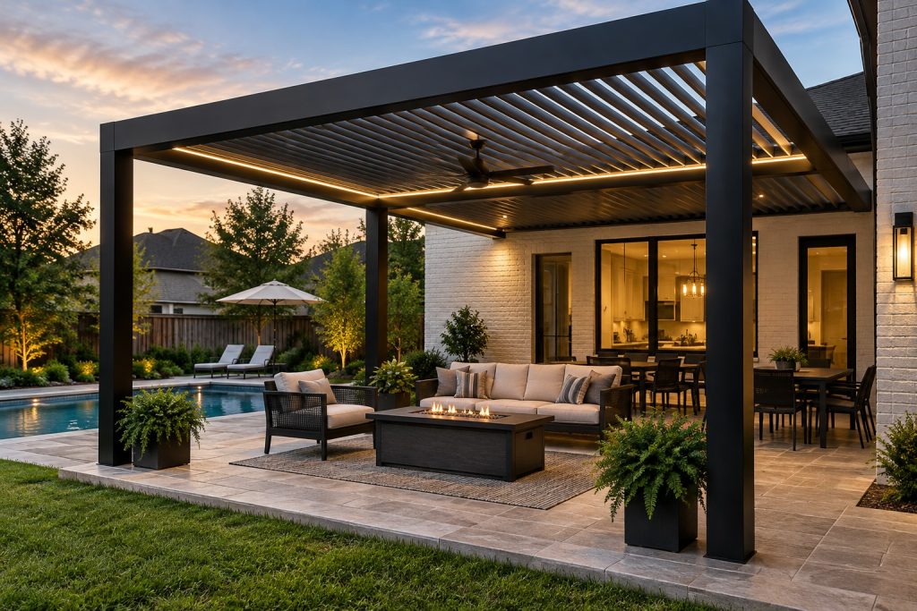 Modern aluminum louvered pergola over a backyard patio and pool