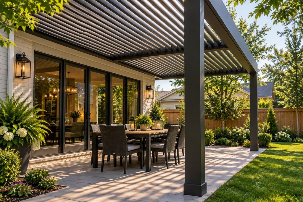 Modern attached aluminum louvered pergola covering a backyard patio with outdoor dining area in Covington, Louisiana.