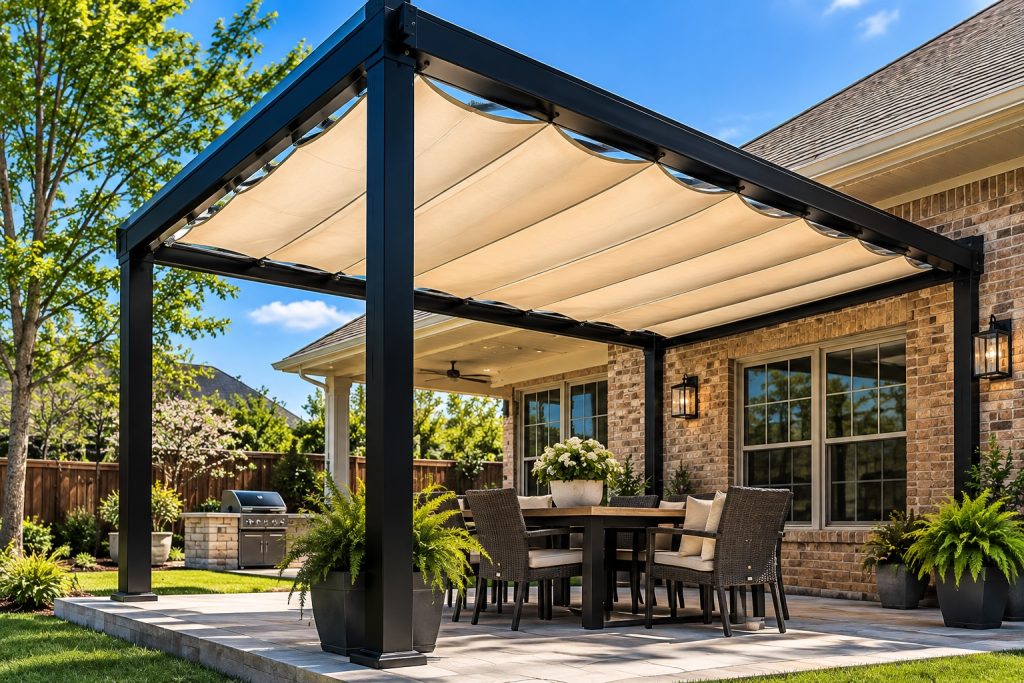 Modern attached aluminum pergola with retractable fabric canopy covering a backyard patio and outdoor dining area in Covington, Louisiana.