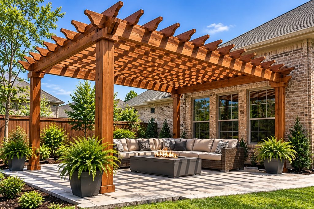 Traditional Open roof freestanding pergola with decorative rafters over a backyard patio and outdoor seating area in Covington, Louisiana.