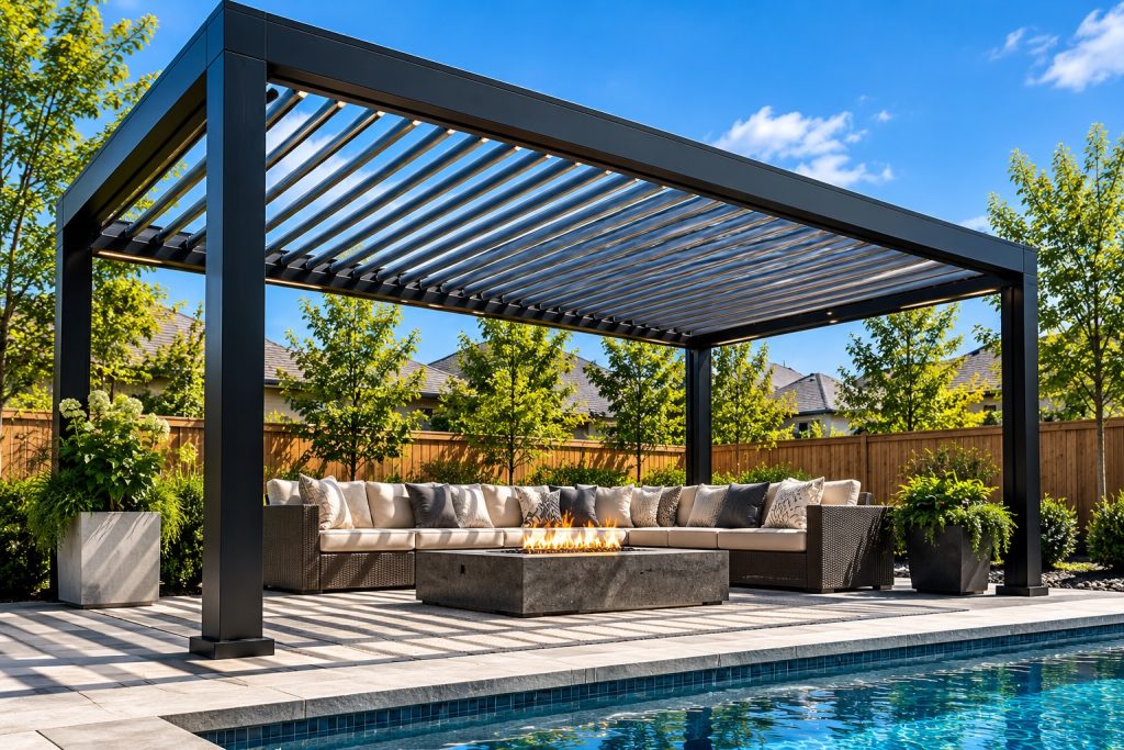 Custom freestanding aluminum louvered pergola beside a swimming pool with outdoor seating and fire pit in Covington, Louisiana.