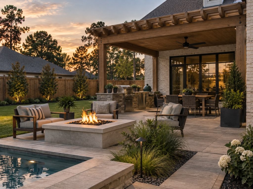 Outdoor living backyard with pergola, outdoor kitchen, fire pit and patio