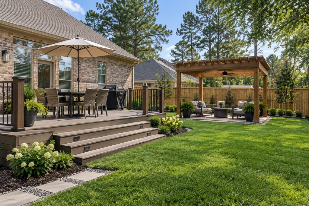 Backyard outdoor living space with composite deck, wood pergola and privacy fence