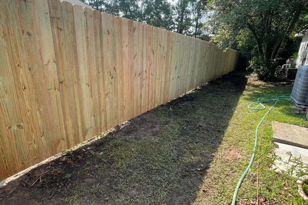 6-foot pine privacy fence installed in Myrtle Cove neighborhood in Madisonville, Louisiana