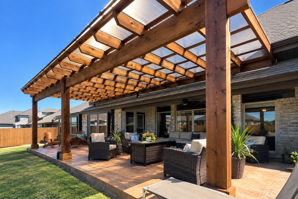 Covered attached wood pergola installed over a backyard patio in Covington, Louisiana by GRC Outdoor Living.