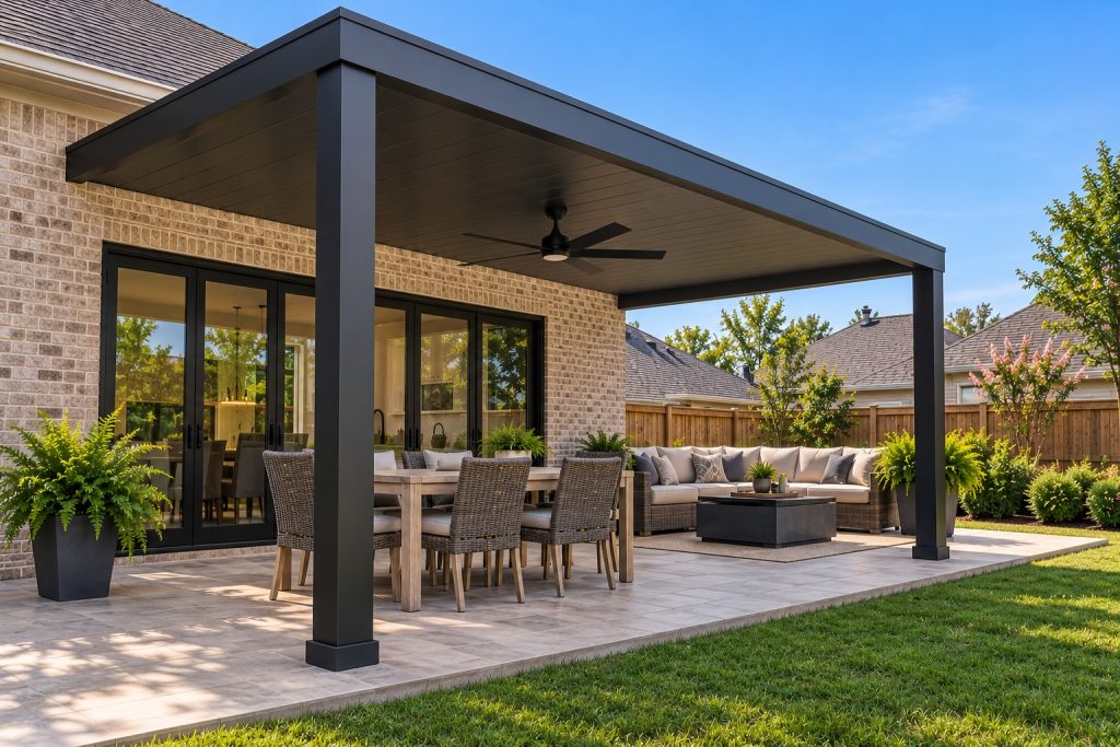 Attached black aluminum patio cover with ceiling fan in Covington, LA